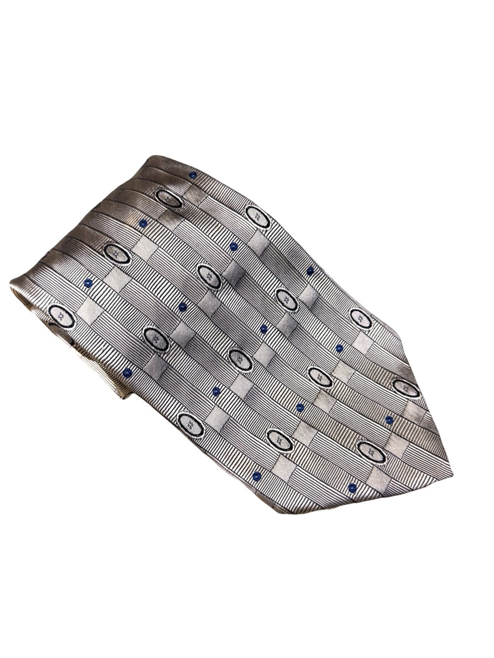 Nautica Early 90’s Silver & Navy Blue 100% Silk Geometric Grid Neck Tie